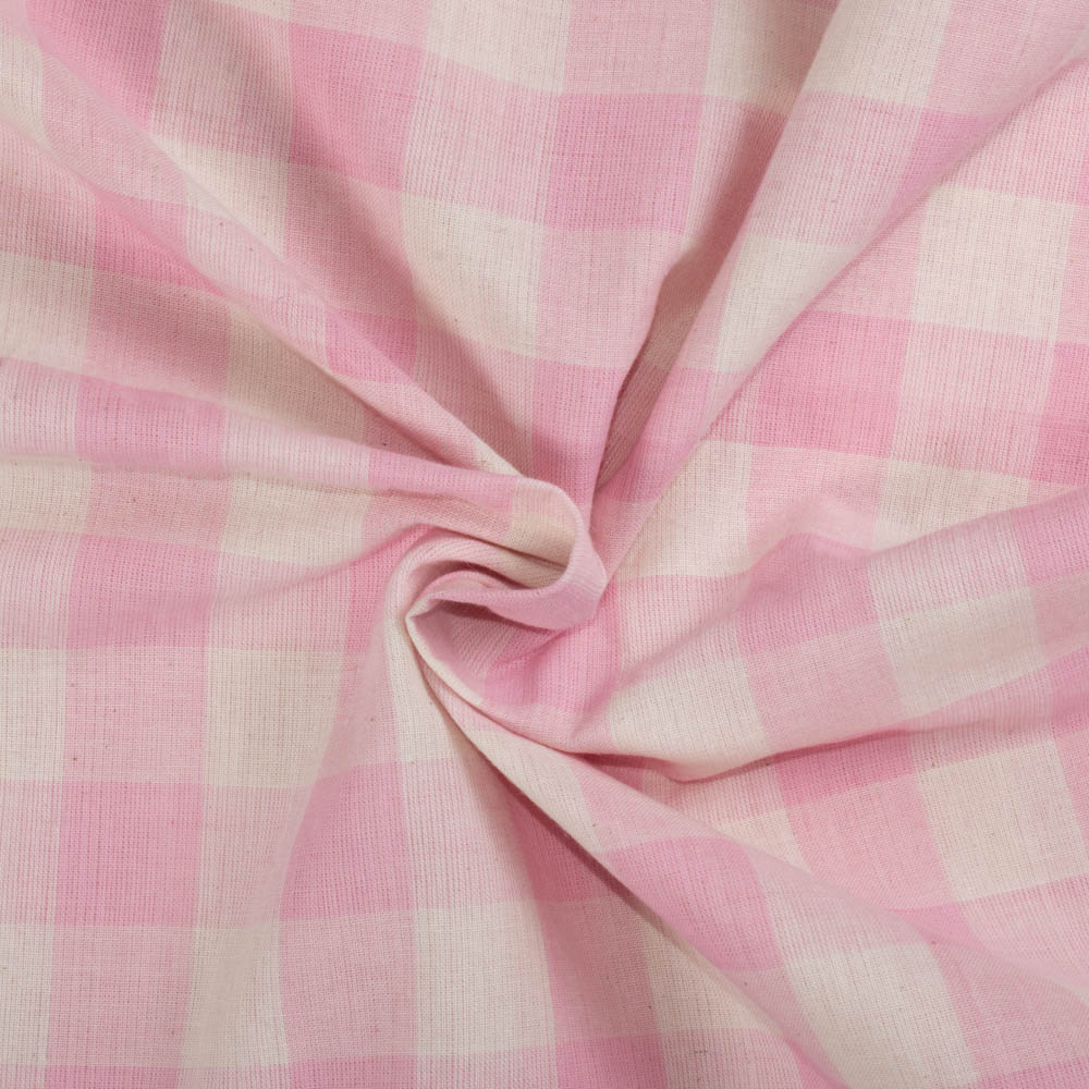 Check White Pink Pure Cotton 100 GSM Handwoven Fabric