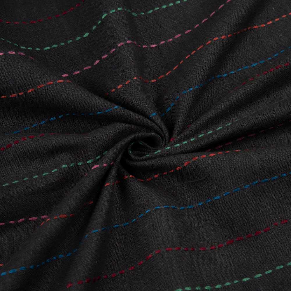 Stripe Brown Kantha Embroidered Pure Khadi Handspun & Handwoven 133 GSM Fabric
