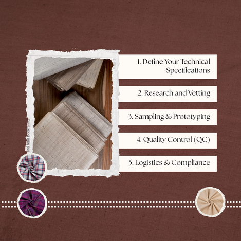 A stylized infographic showing the steps of the fabric sourcing journey.