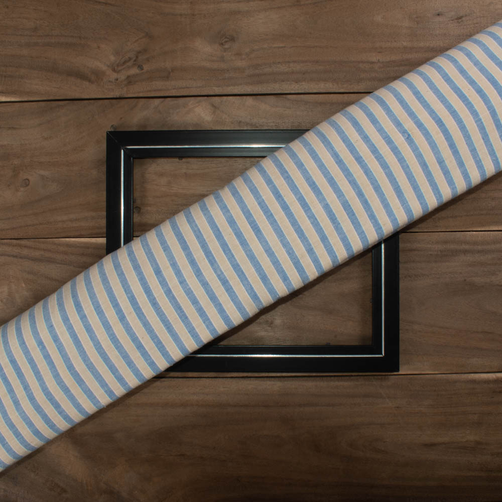 Stripe Blue Cream Khadi Cotton 110 GSM Handwoven Fabric