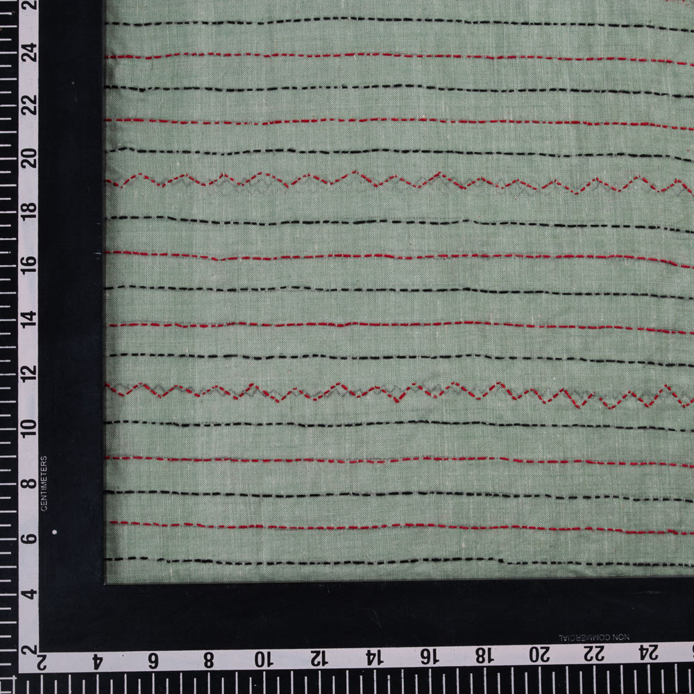 STRIPE MINT GREEN KANTHA EMBROIDERED KHADI COTTON 95 GSM HANDWOVEN FABRIC