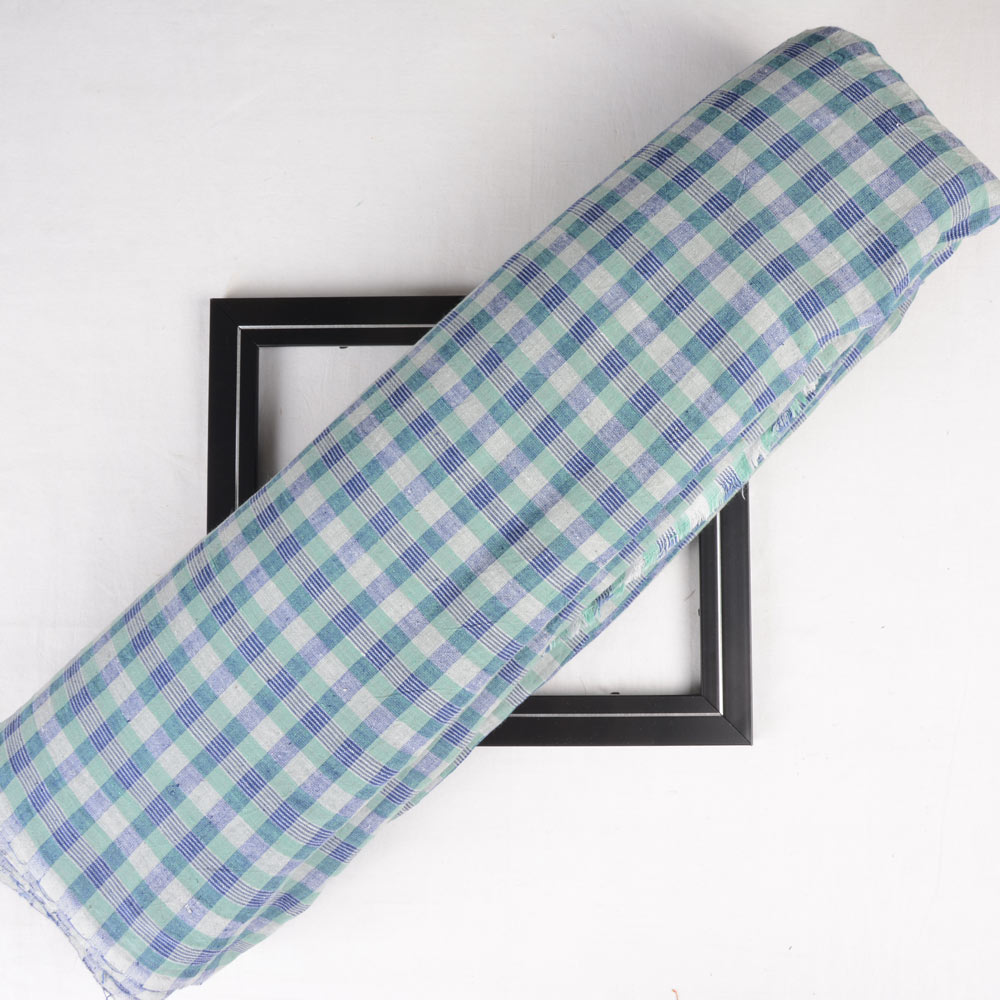 Check Blue Green Khadi Fabric - 120 GSM Handspun & Handwoven