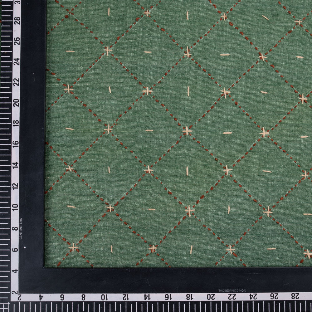 CHECK GREEN KANTHA EMBROIDERED PURE COTTON 153 GSM HANDWOVEN FABRIC