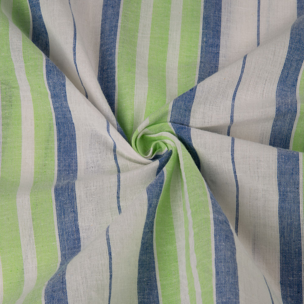 Stripe White Blue & Green Pure Cotton 92 GSM Handwoven Fabric