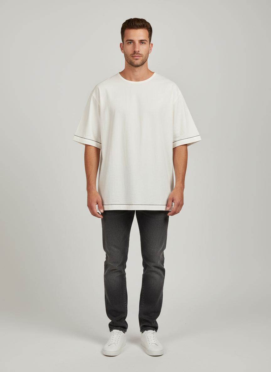 Oversized T-Shirt With Round Neck - Contrast Stitched Embroidery