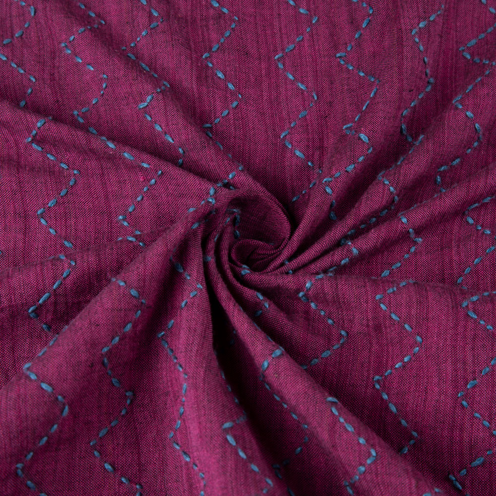Zig Zag Plum Kantha Embroidered Pure Khadi Handspun & Handwoven 90 GSM Fabric