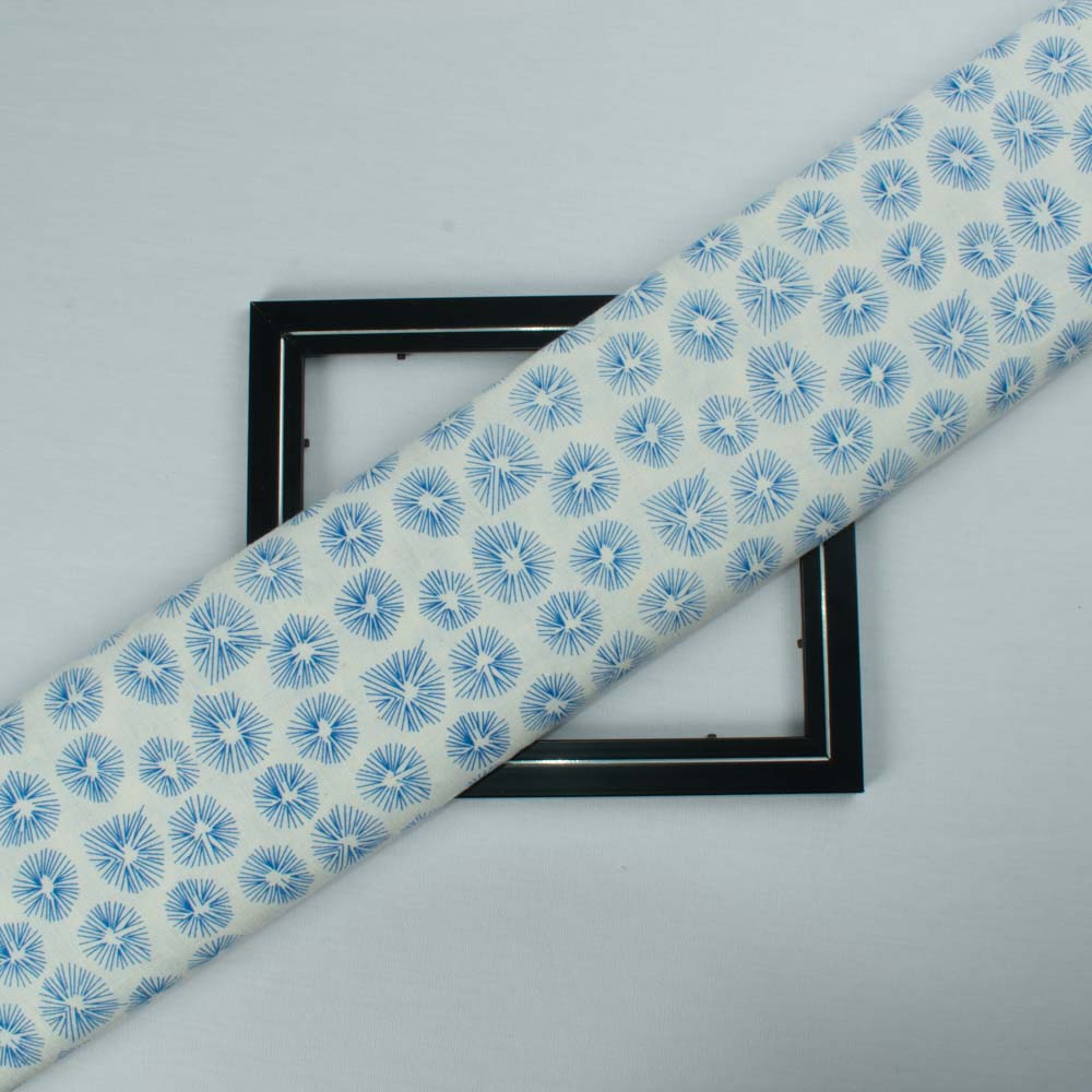 Abstarct Blue Screenprinted Pure Khadi 90 GSM Handwoven Fabric