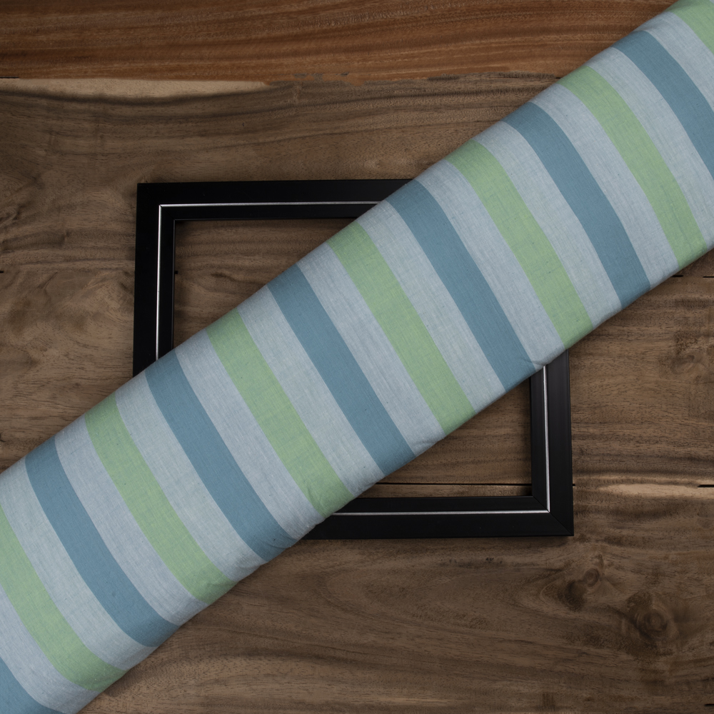 Stripe Blue & Green Pure Cotton 88 GSM Handwoven Fabric 198