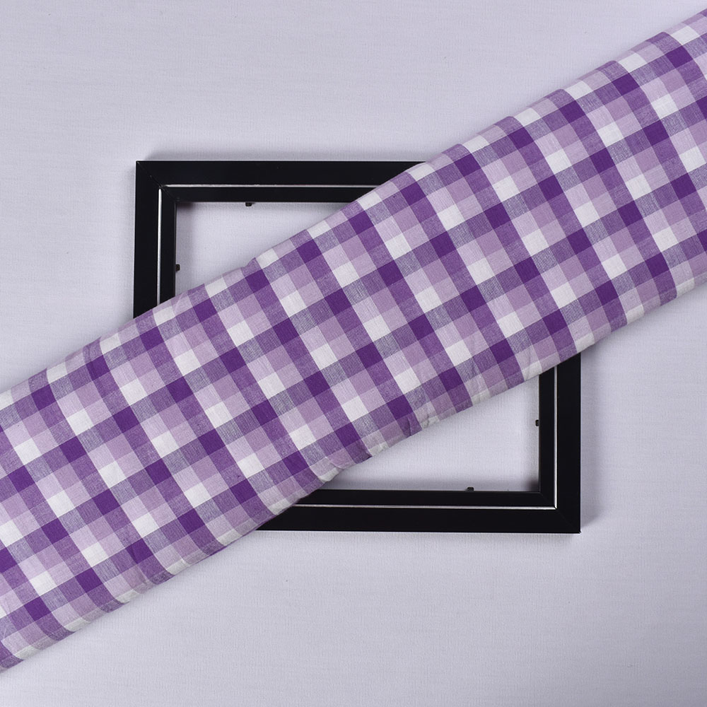 Check Purple White Pure Cotton 110 GSM Handwoven Fabric