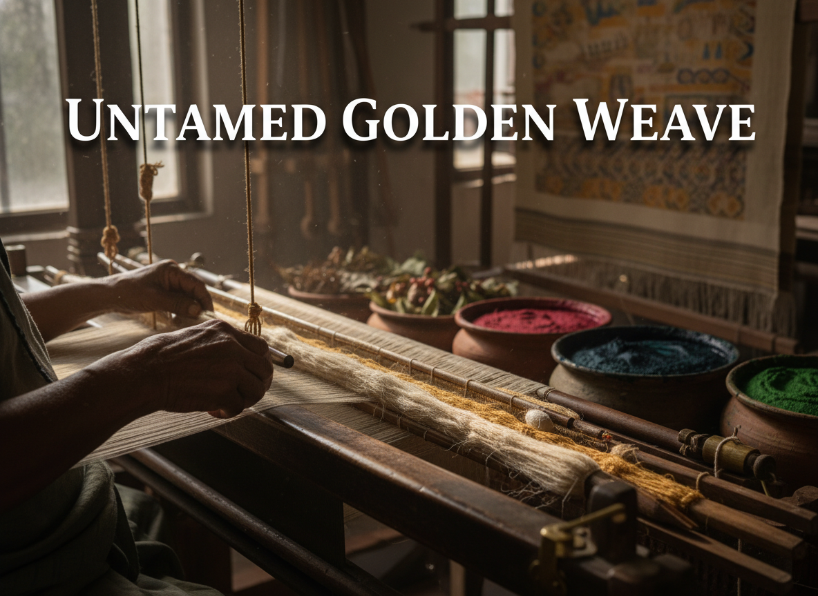 Golden Tussar raw silk fabric, a textured wild silk textile harvested from East India.