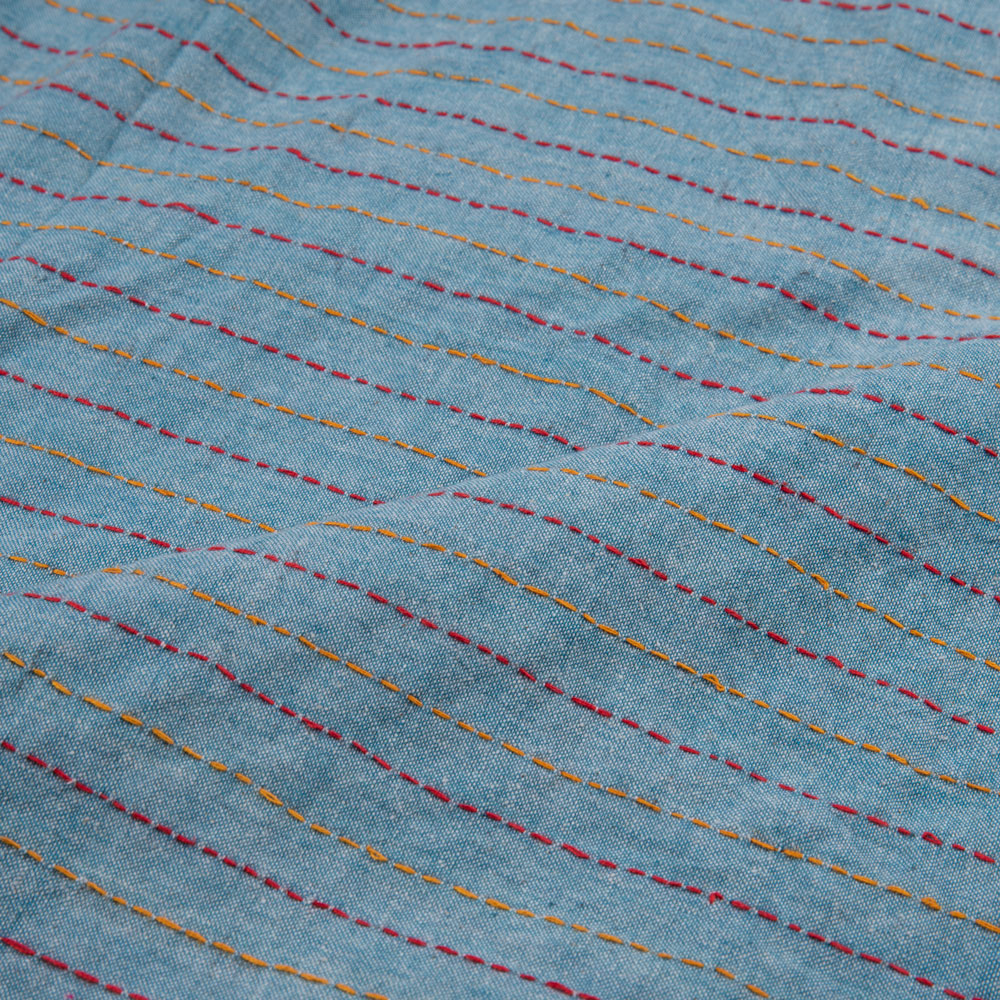 STRIPE BLUE KANTHA EMBROIDERED KHADI COTTON 135 GSM HANDWOVEN FABRIC