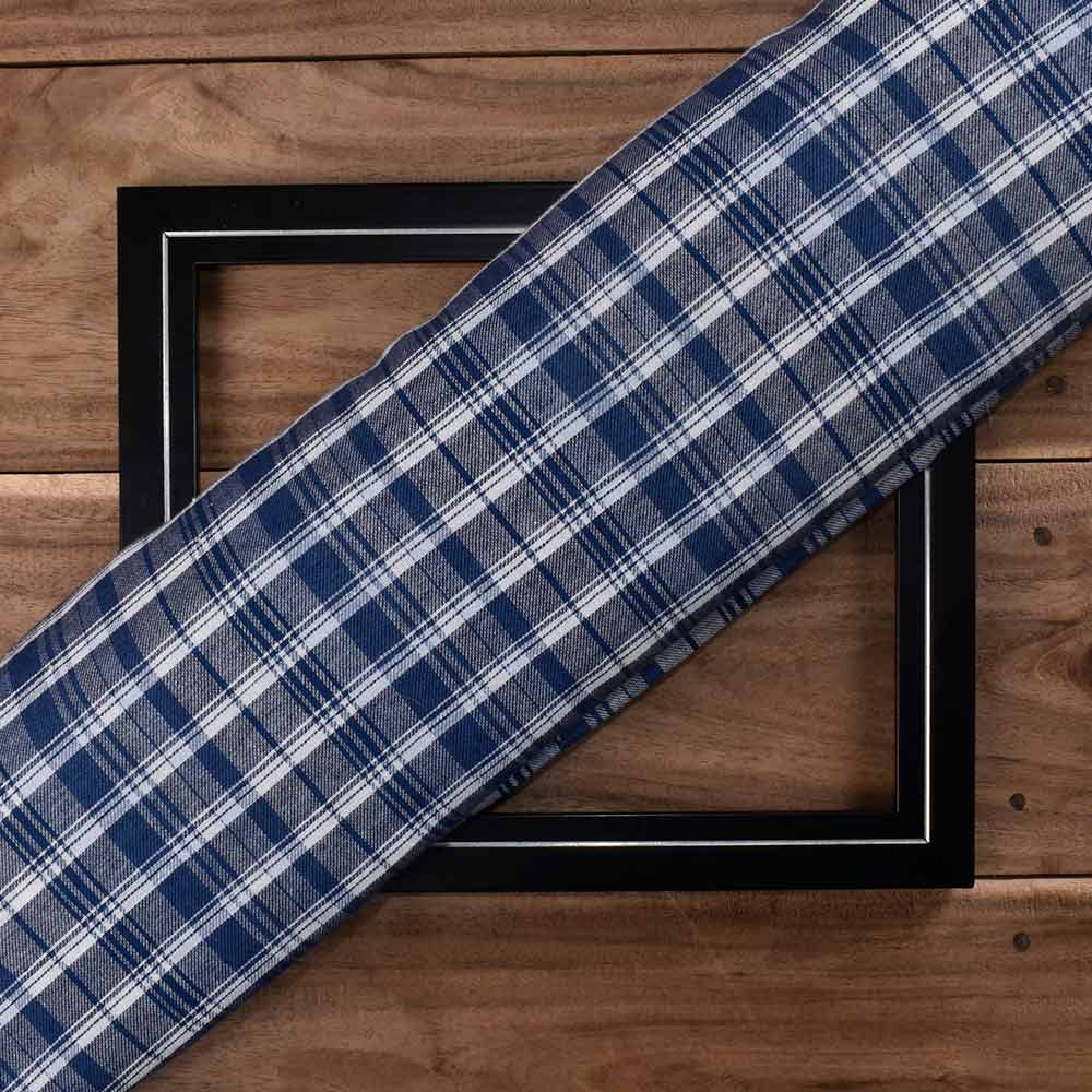 Check Reversible Satin Twill Blue Pure Cotton 100 GSM Handwoven Fabric 36