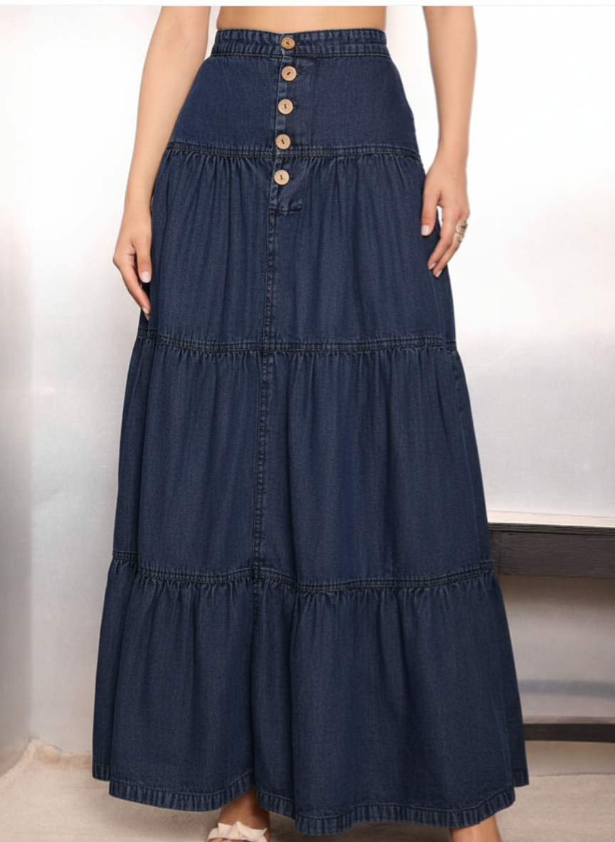 Buttoned & Tiered Maxi Skirt