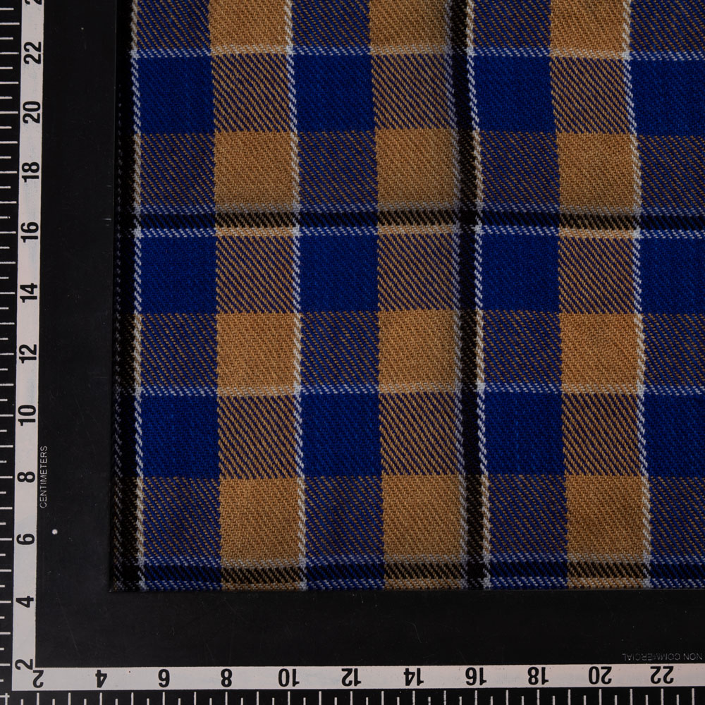 CHECK BROWN BLUE PURE WOOL 230 GSM HANDWOVEN FABRIC