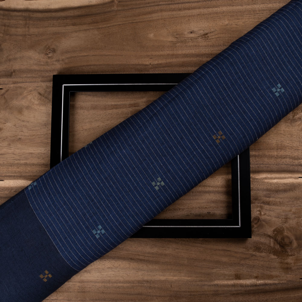 Geometric Stripe Blue Jamdani 55 GSM Handwoven Cotton Fabric