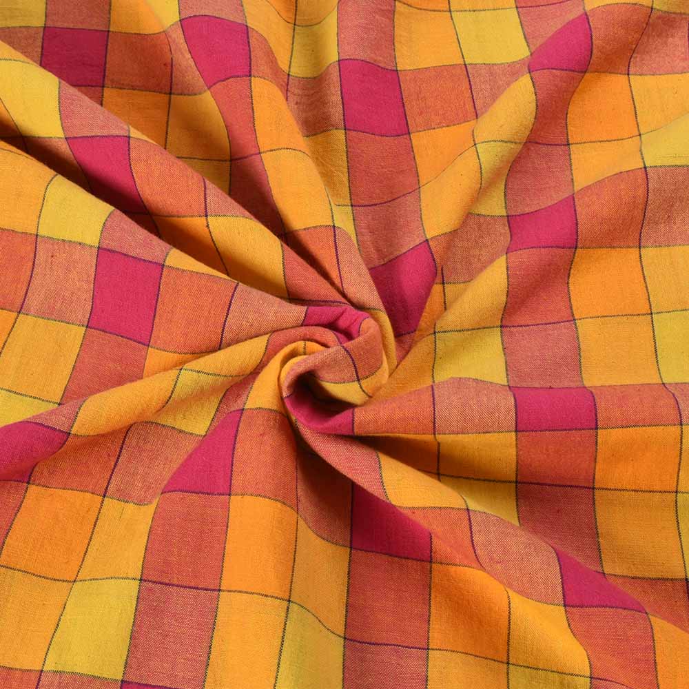 Check Yellow Pink Pure Cotton 92 GSM Handwoven Fabric 572