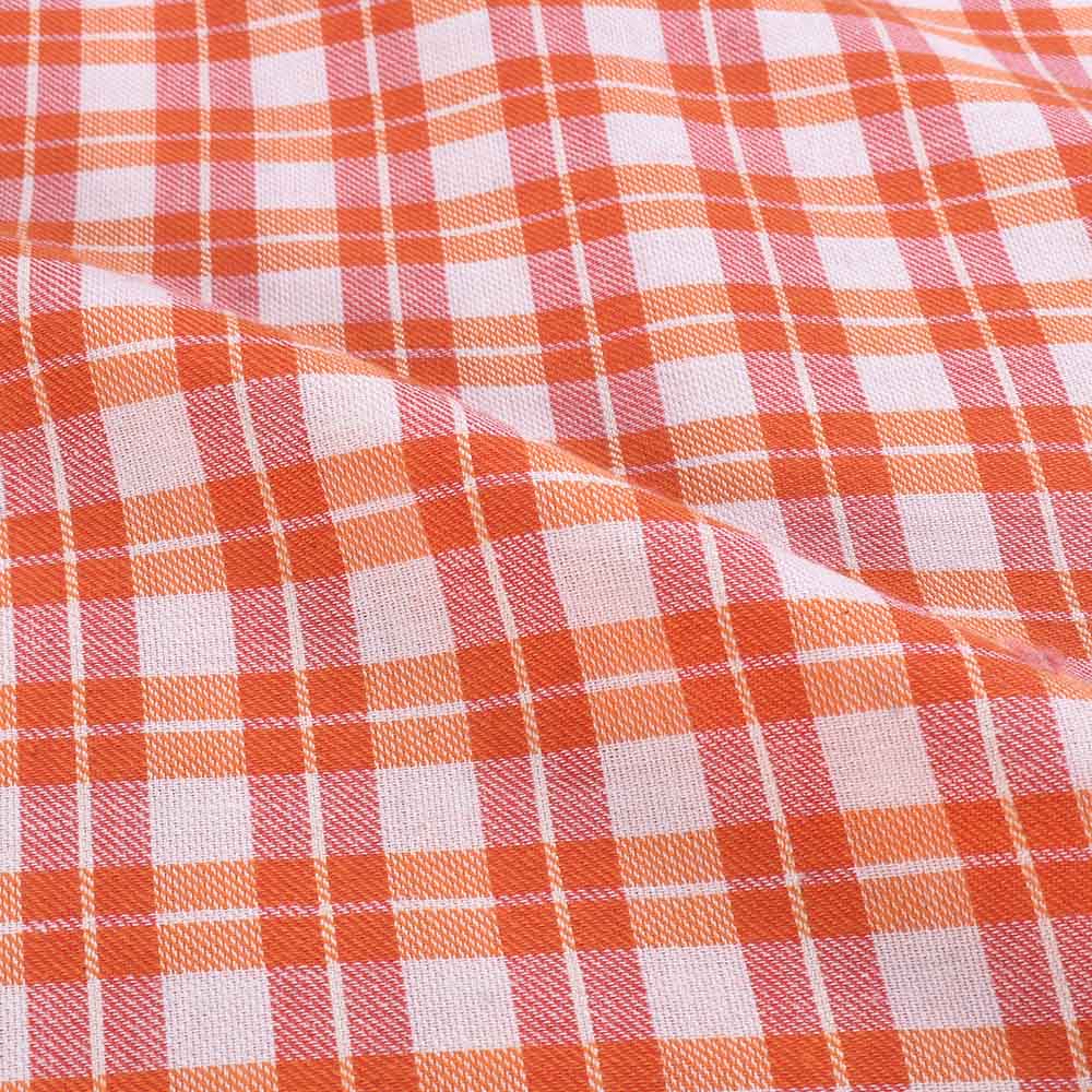 CHECK RED ORANGE TWILL PURE COTTON 102 GSM HANDWOVEN FABRIC