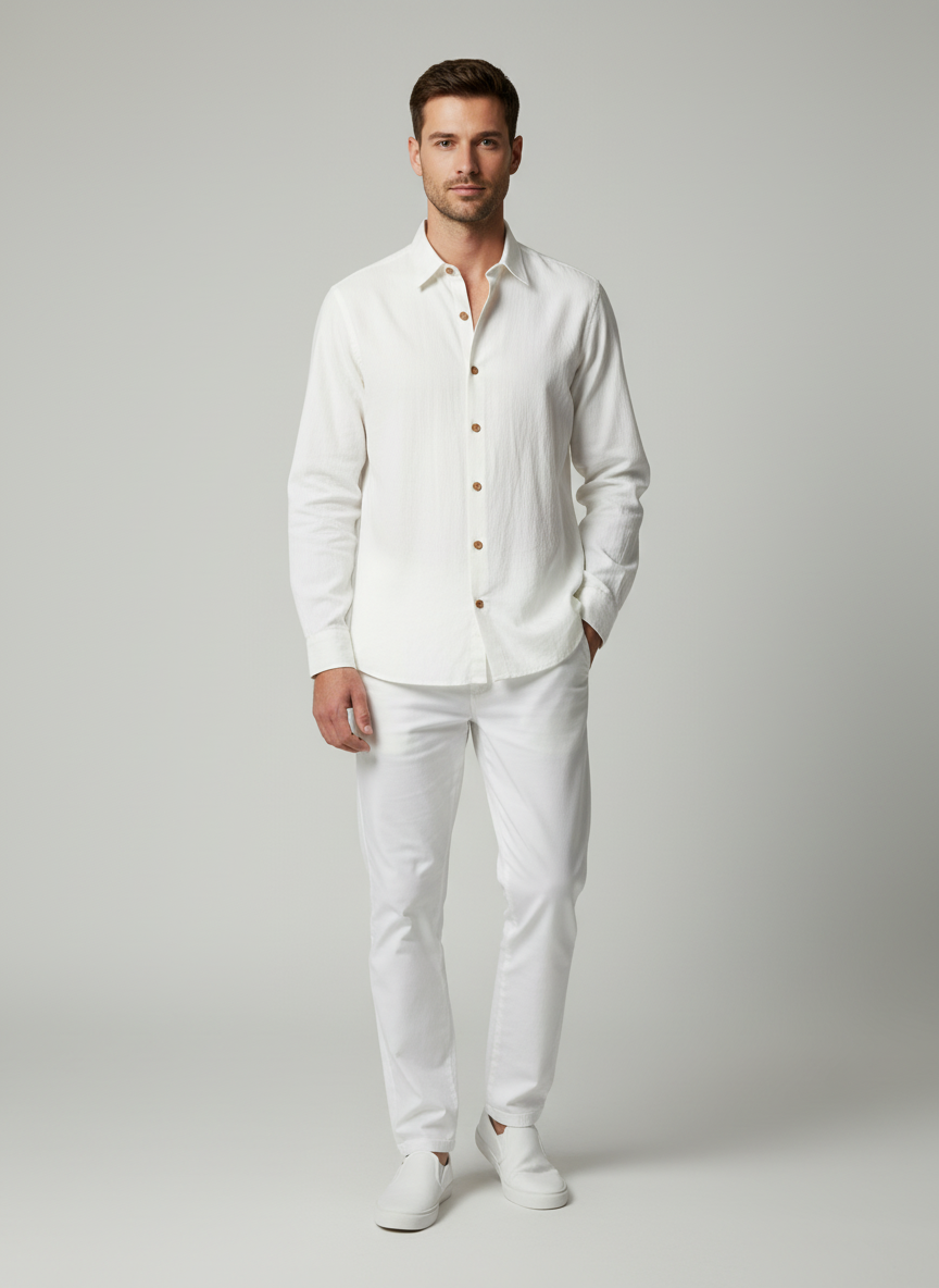 Long Button Down Collared Shirt With Center Panel Buttons- Long One Button Barrel Cuff