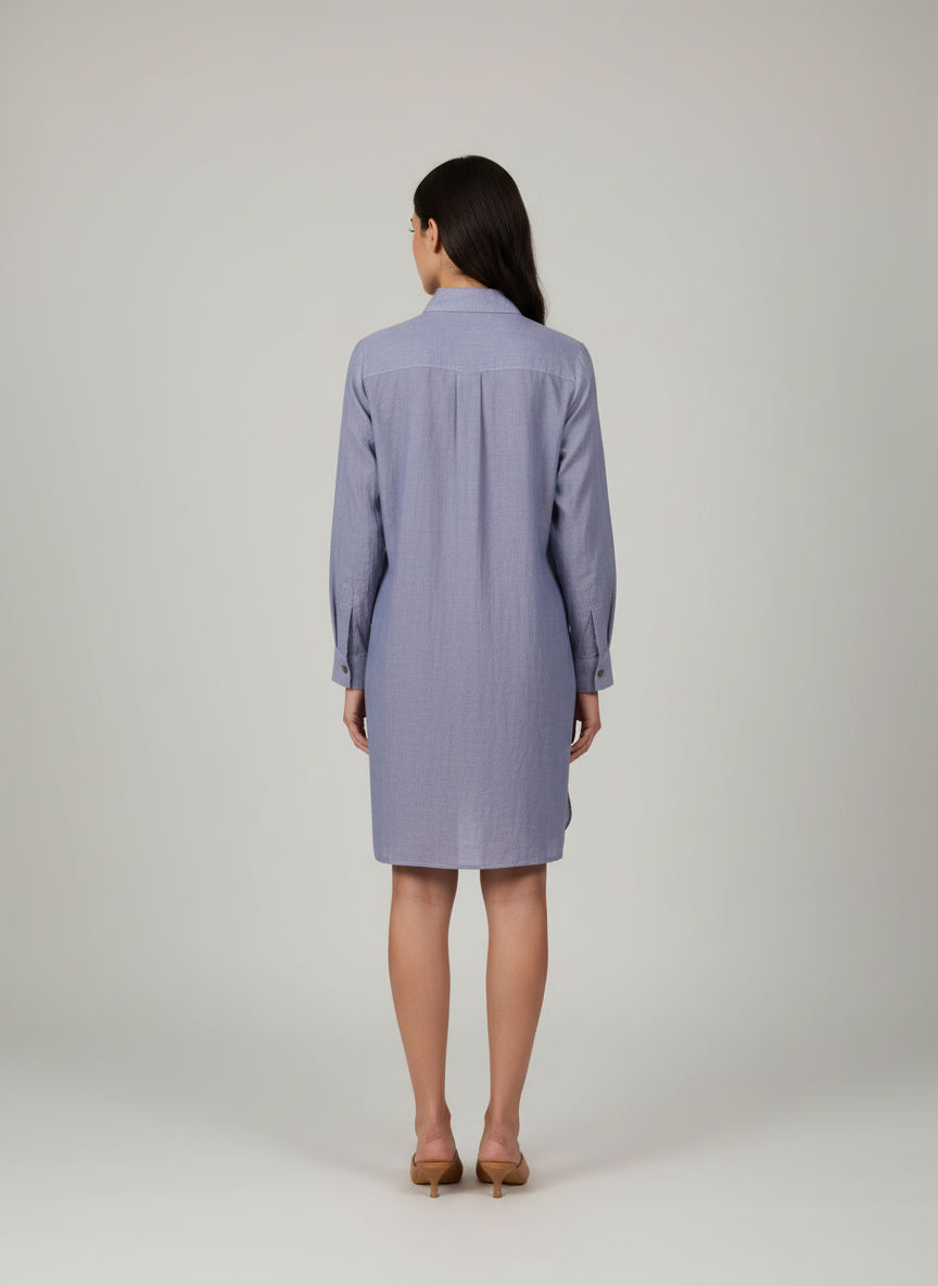 Shirt Dress With Spread Collar-Regular Long Sleeves-Knee Length- Side Slit