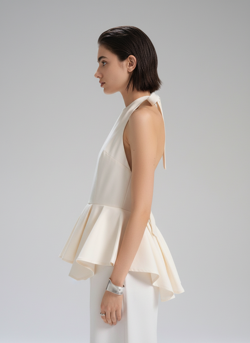 Peplum Gathers With Halter Neck Tie Top