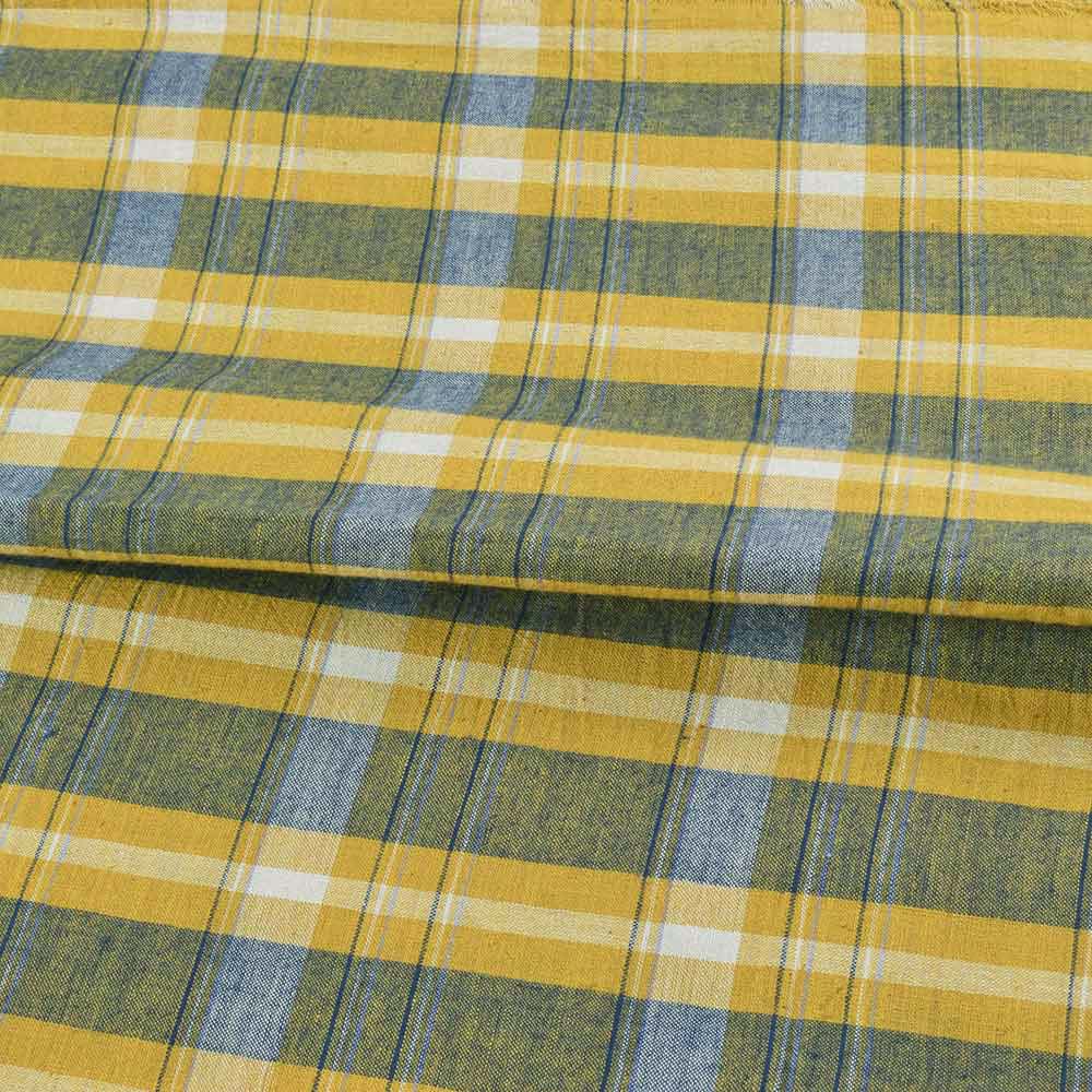 CHECK YELLOW & BLUE PURE COTTON 98 GSM HANDWOVEN FABRIC