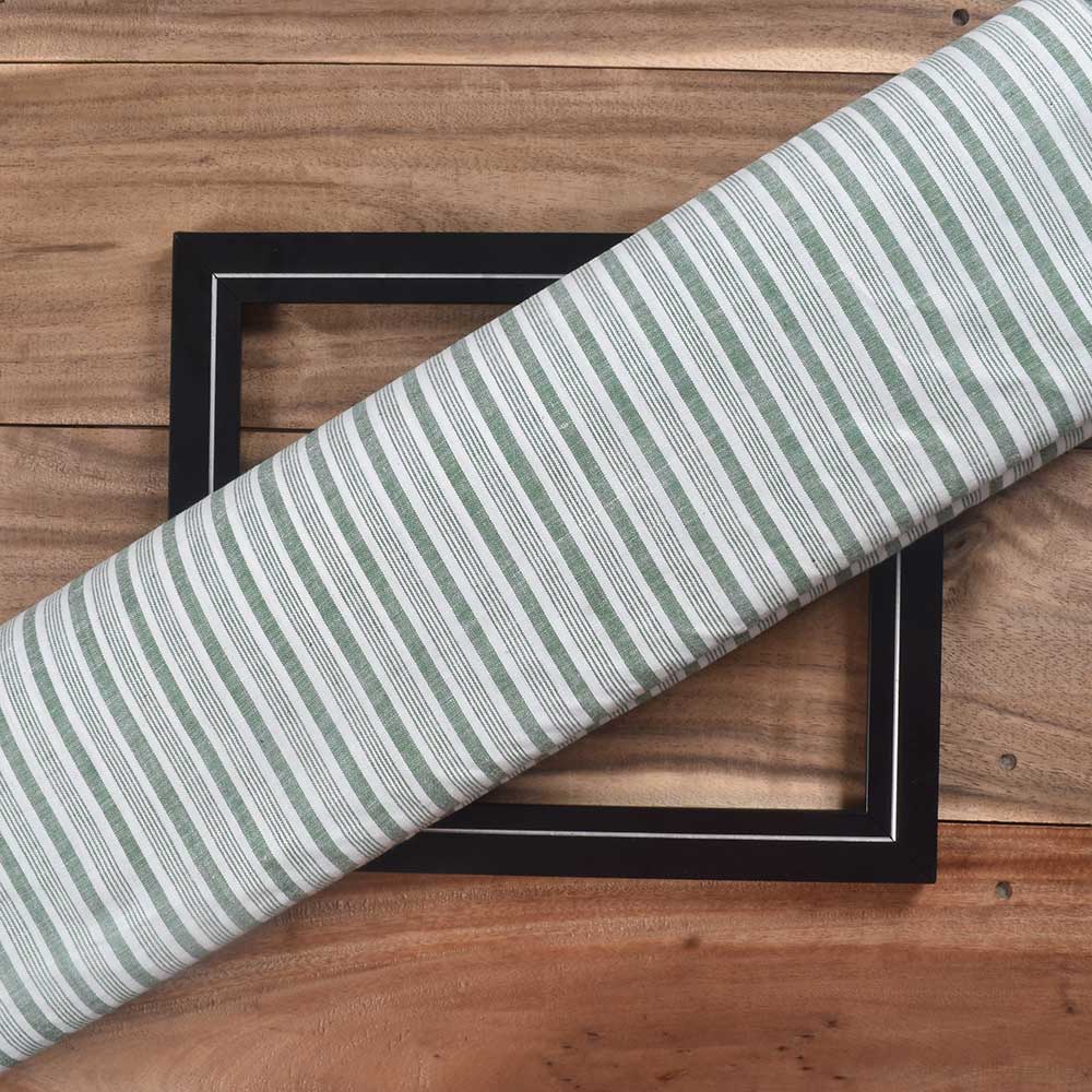 STRIPE GREEN & WHITE KHADI COTTON 95 GSM HANDWOVEN FABRIC