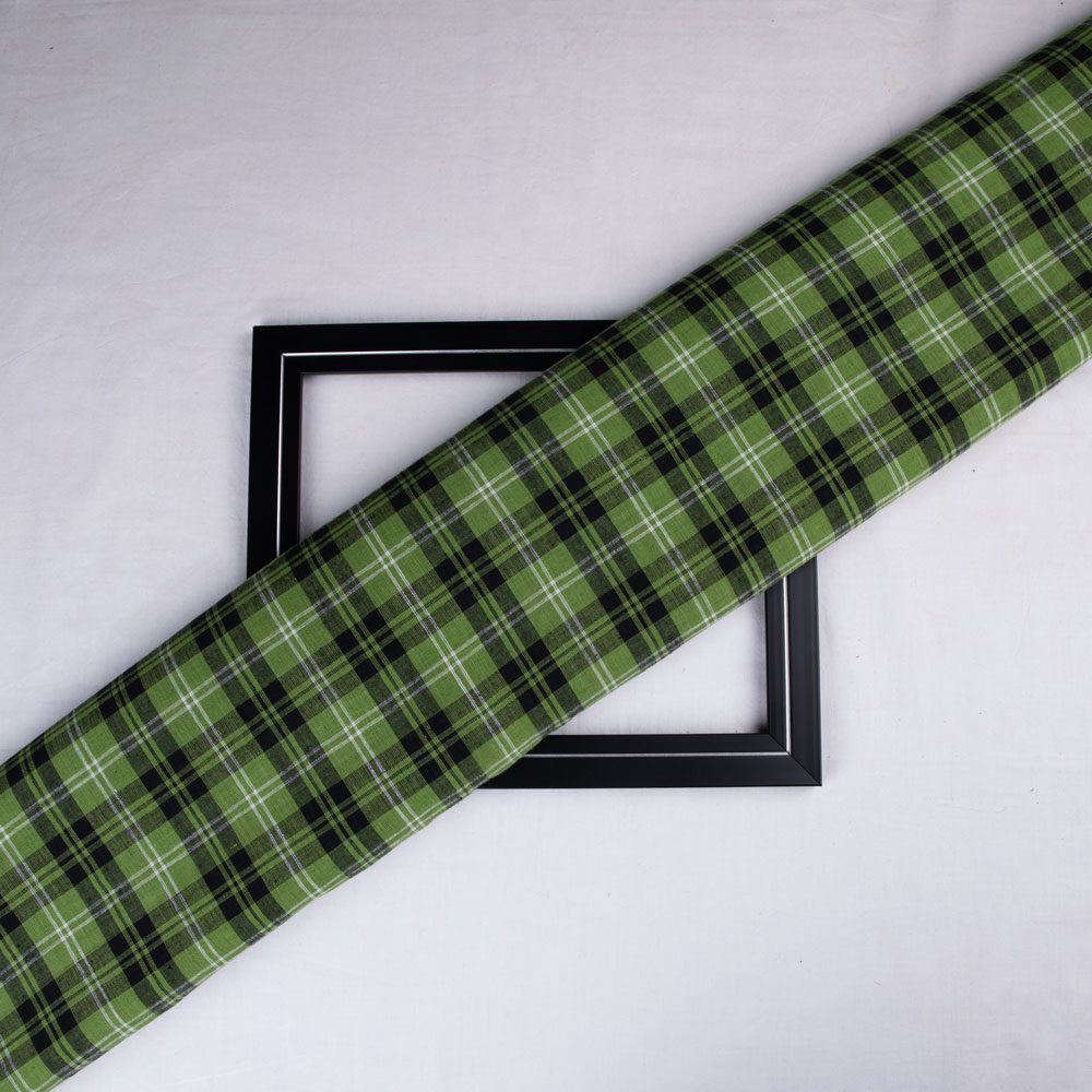 Check Green & Black Pure Cotton 94 GSM Handwoven Fabric