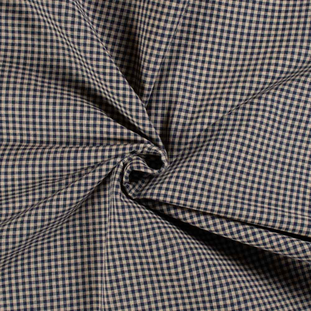 Beige & Navy Blue Check Pure Cotton 65 GSM Handwoven Fabric