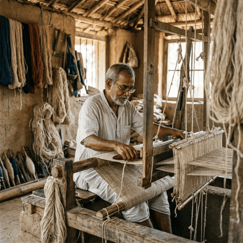 Indian artisan weaving hemp fabric on a traditional handloom