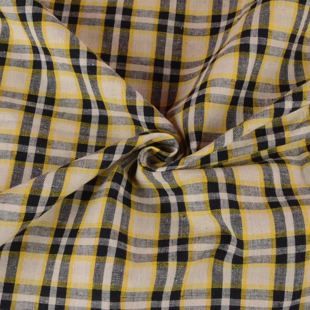 Check Yellow Black & White Pure Cotton 105 GSM Handwoven Fabric