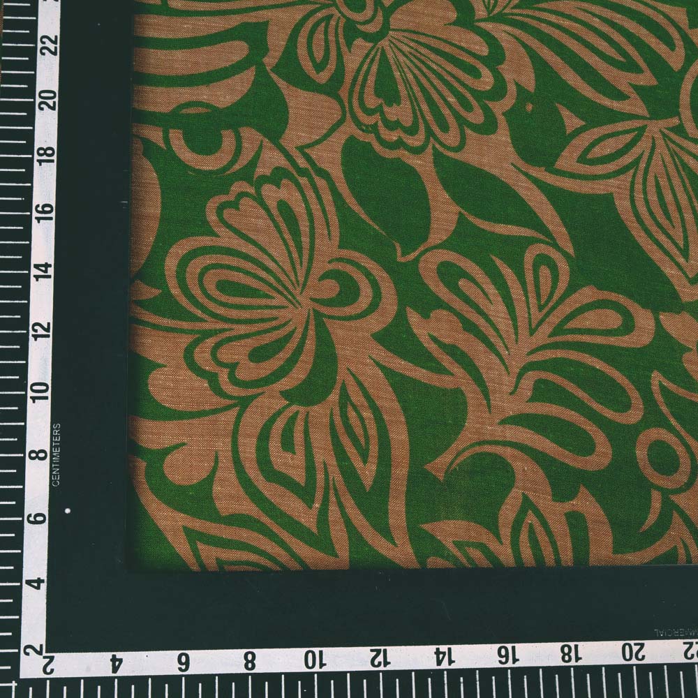 FLORAL GREEN & BROWN SCREENPRINTED COTTON KHADI 84 GSM HANDWOVEN FABRIC