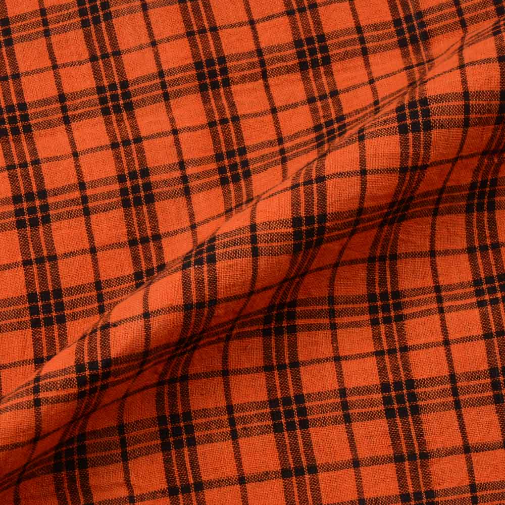 CHECK ORANGE & BLACK PURE COTTON 98 GSM HANDWOVEN FABRIC