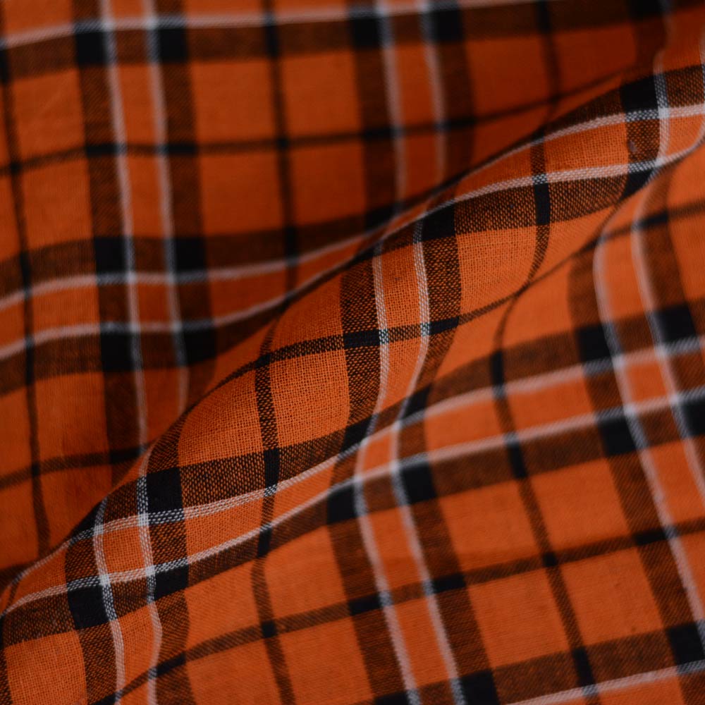 Check Orange & Black Pure Cotton 93 GSM Handwoven Fabric