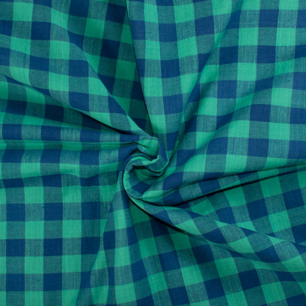 Check Sea Green and Blue Pure Cotton 105 GSM Handwoven Fabric