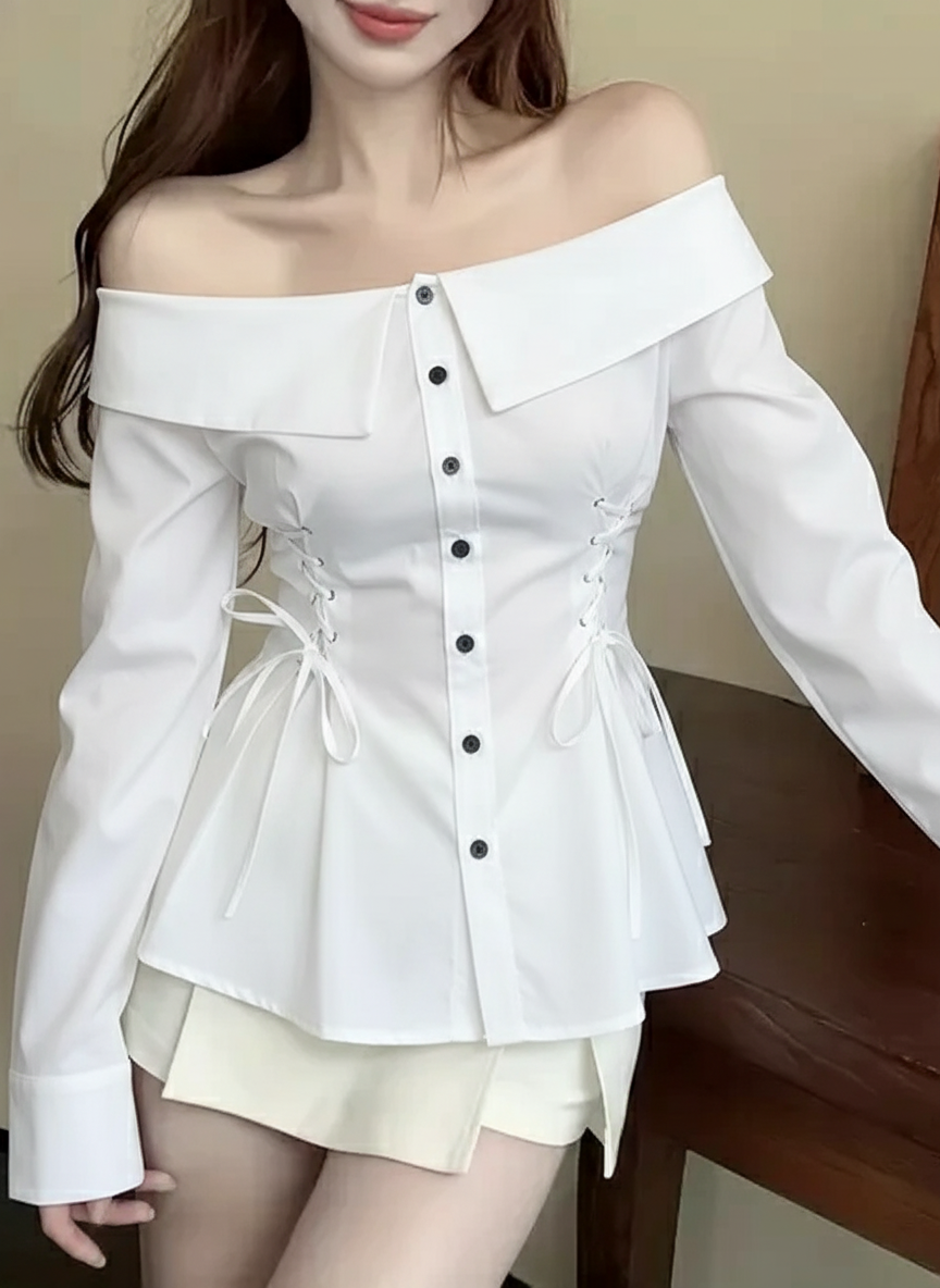 Buttoned Off Shoulder Top With Corset Ties