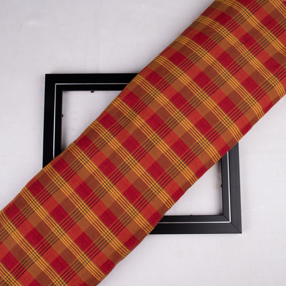 Check Red & Brown Pure Cotton 75 GSM Handwoven Fabric