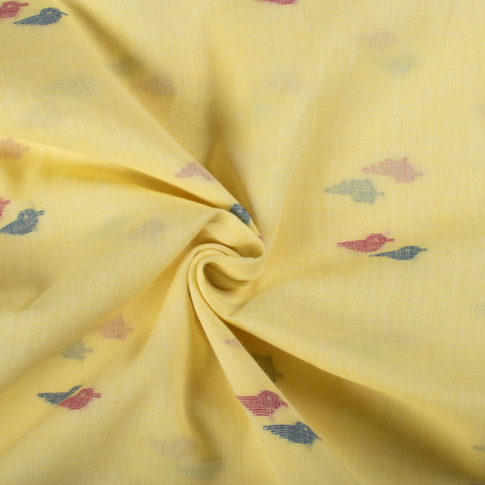 Plain Yellow Pure Cotton 55 GSM Red & Blue Bird Motif Jamdani Fabric