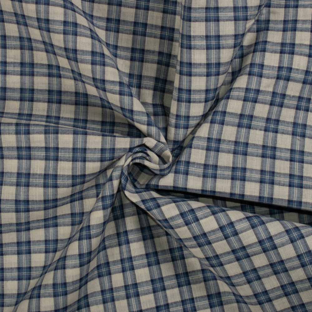 Check Blue Off White Pure Cotton 60 GSM Handwoven Fabric