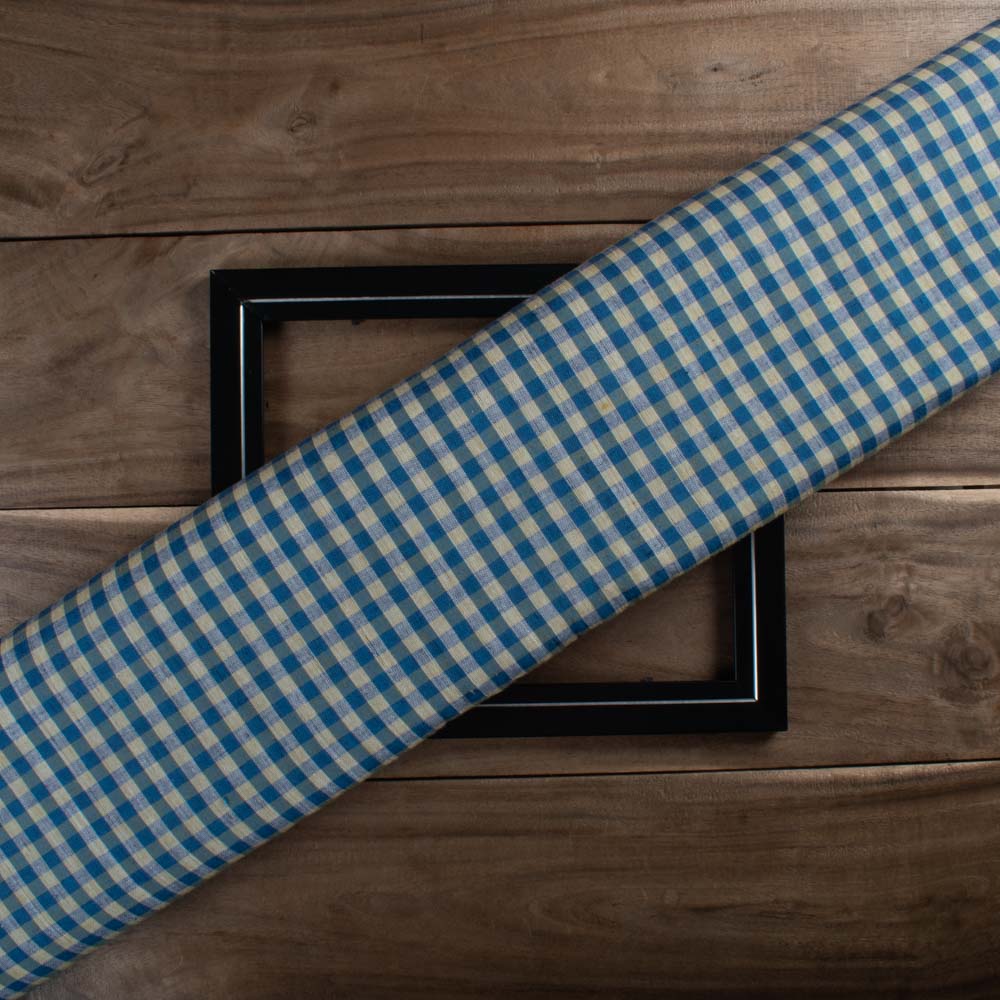 Blue White Yellow Cotton & Khadi 92 GSM Handwoven Fabric