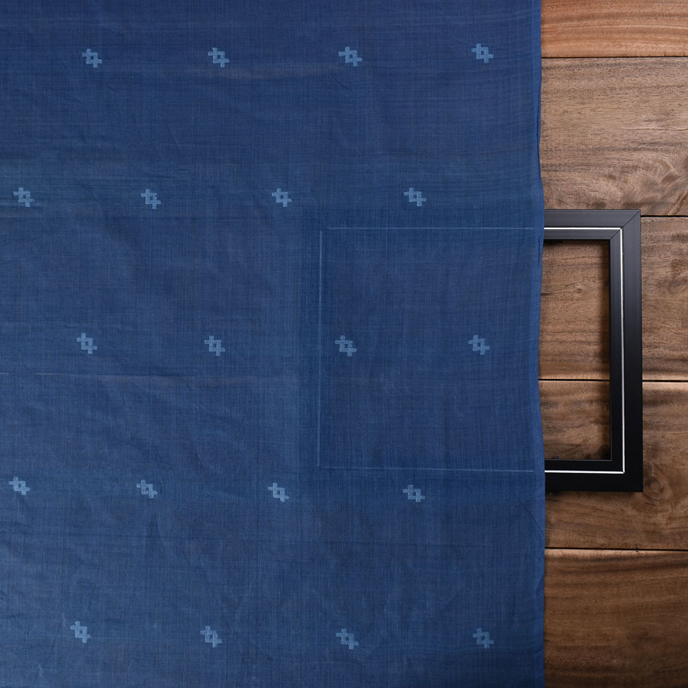 BLUE GEOMETRIC JAMDANI PURE COTTON 55 GSM HANDWOVEN FABRIC