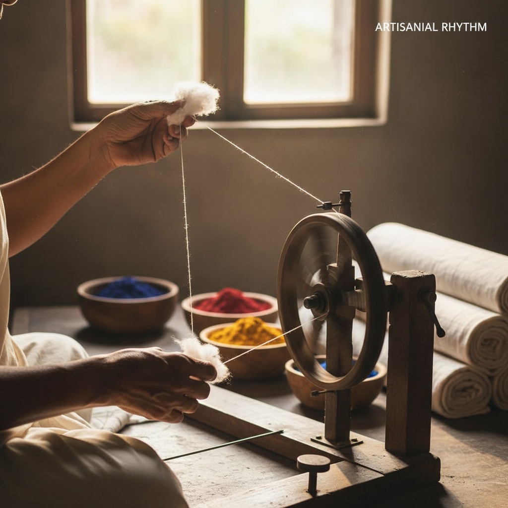 Close-up of handspun Khadi cotton fabric showing natural slubs and texture.