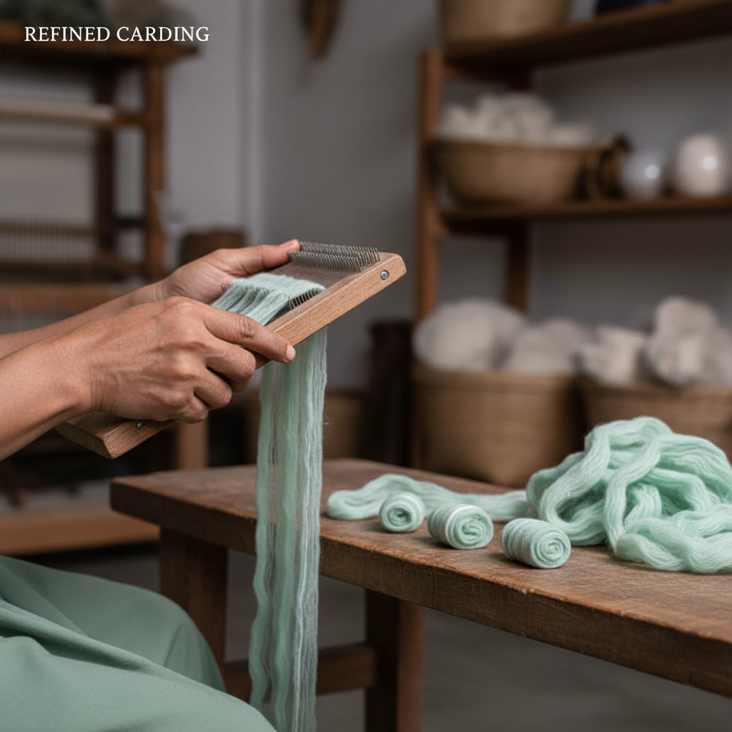 Recycled cotton fibres being carded and aligned before yarn spinning