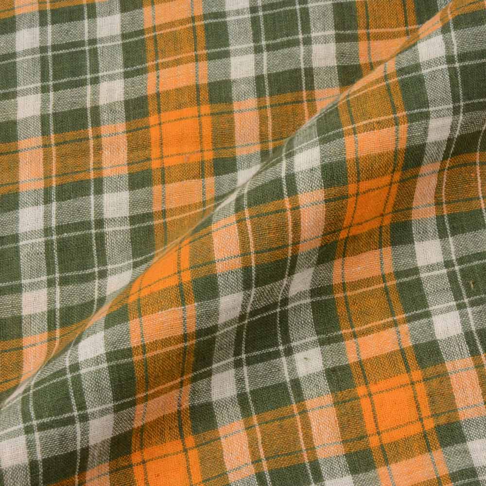 CHECK ORANGE & GREEN PURE COTTON 87 GSM HANDWOVEN FABRIC