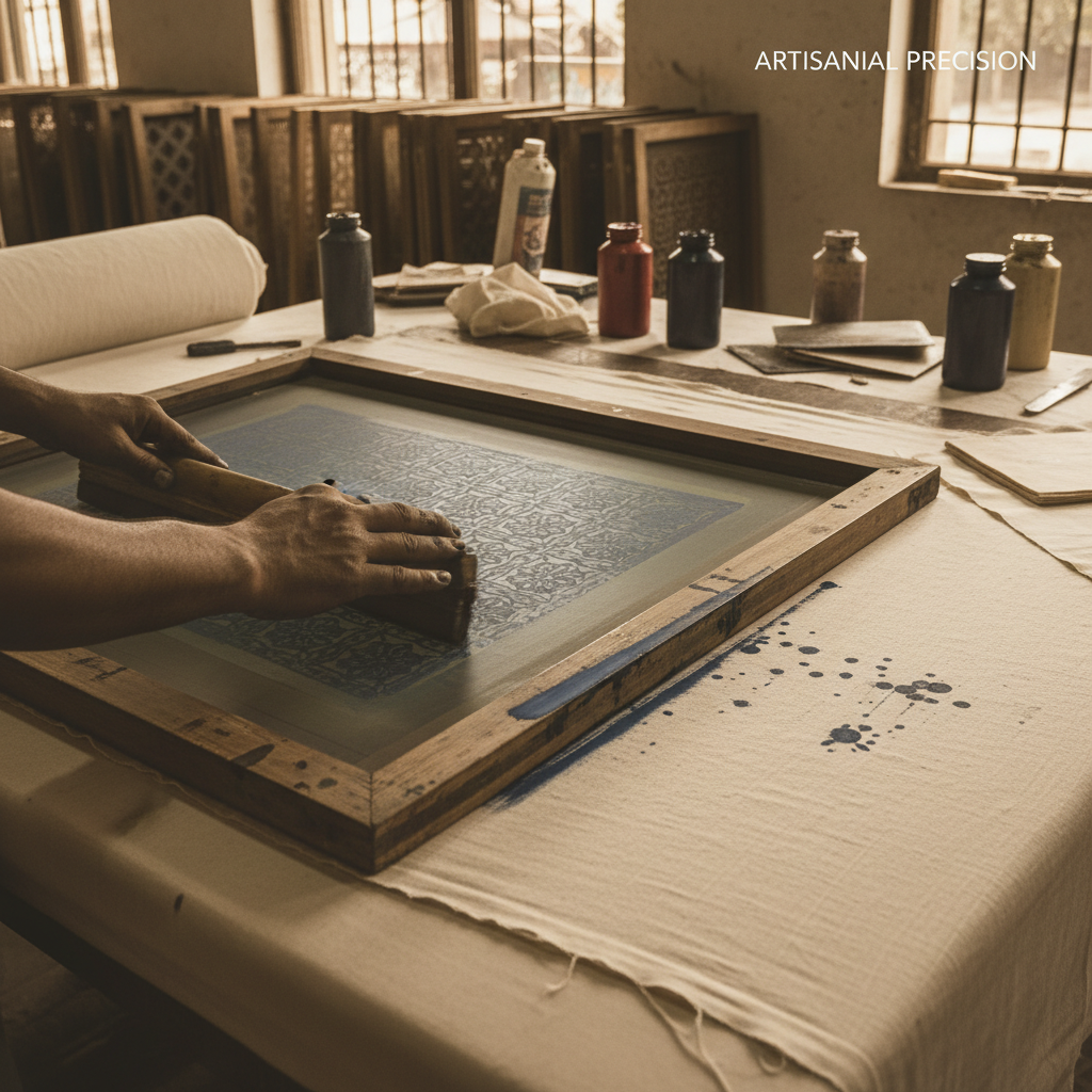 Artisan preparing khadi fabric on a screen printing table for manual handspun fabric printing