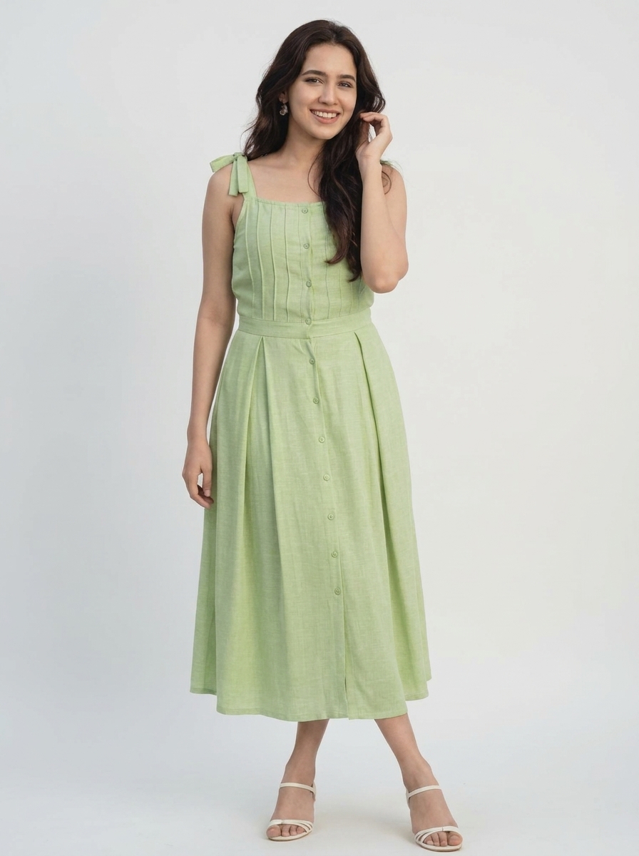 Pintucked & Pleated Midi Dress