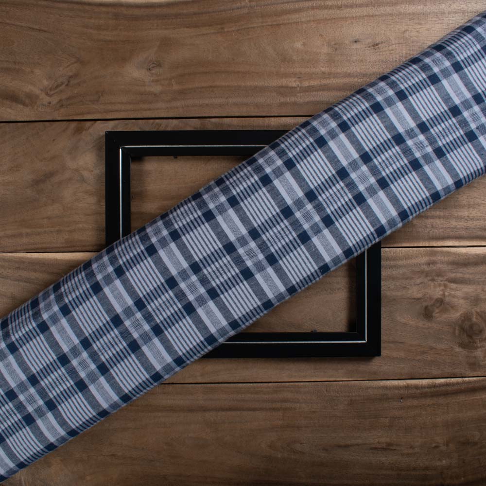 Navy Blue & White Check Pure Cotton 100 GSM Handwoven Fabric 774