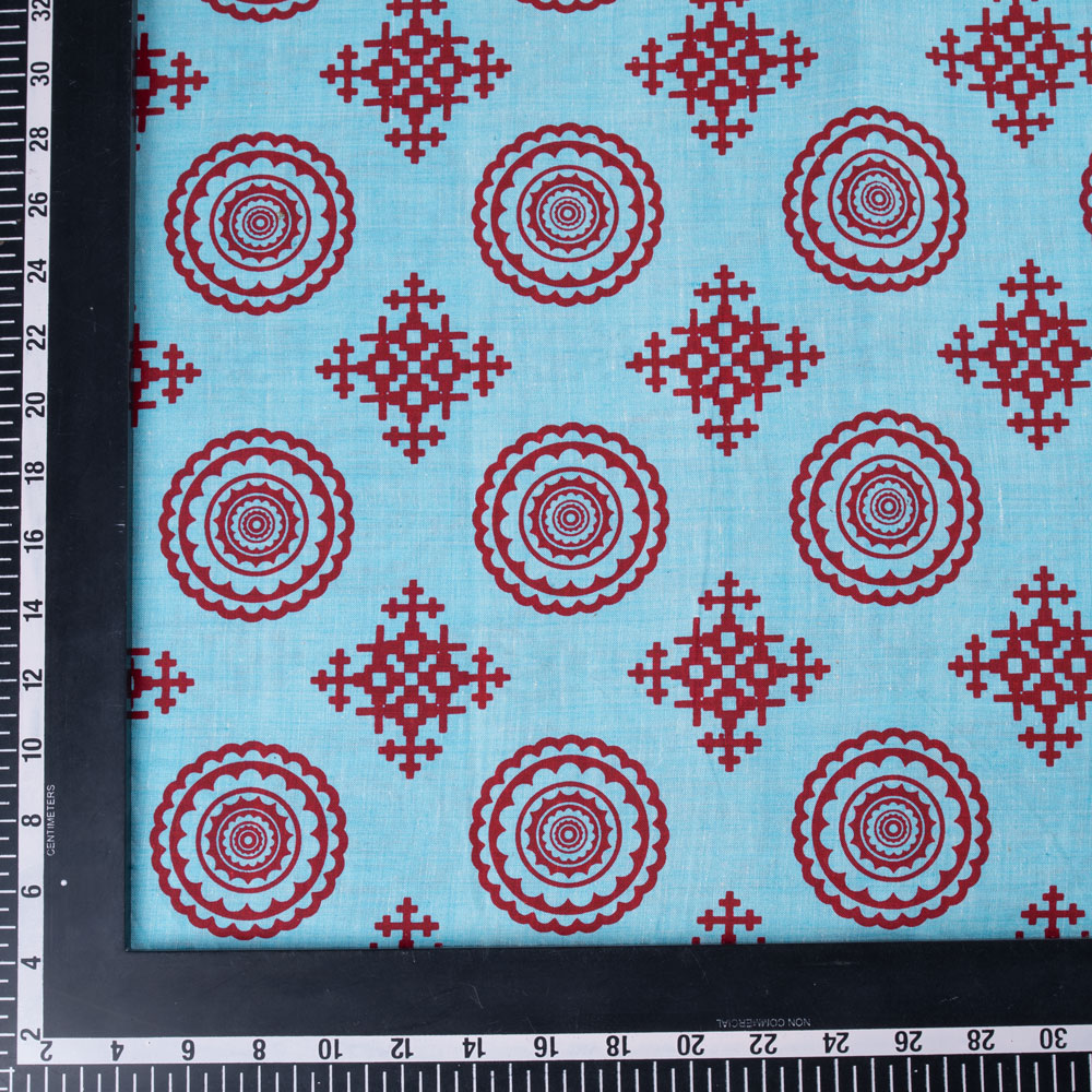 GEOMETRIC BLUE SCREENPRINTED COTTON KHADI 83 GSM HANDWOVEN FABRIC