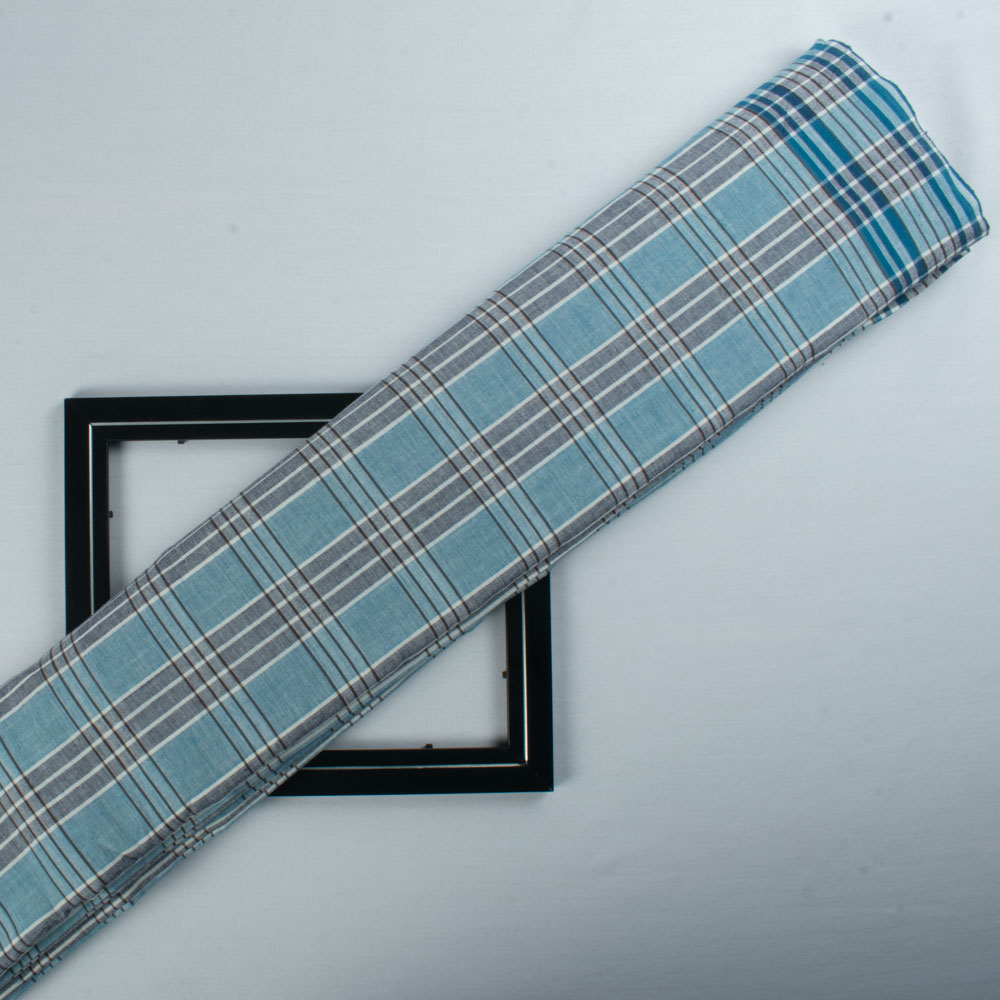 Check White Blue and Grey Pure Cotton 100 GSM Handwoven Fabric