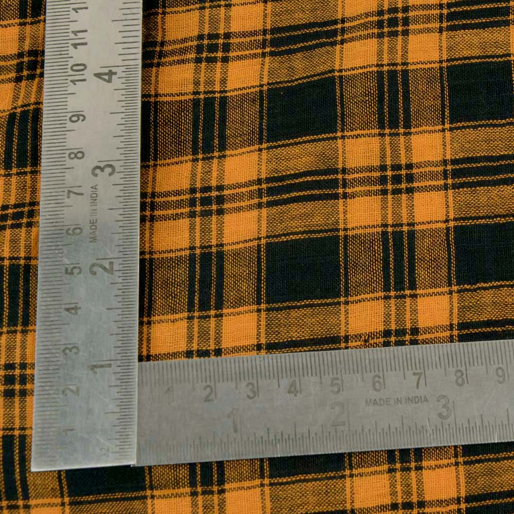 CHECK ORANGE & BLACK PURE COTTON 86 GSM HANDWOVEN FABRIC