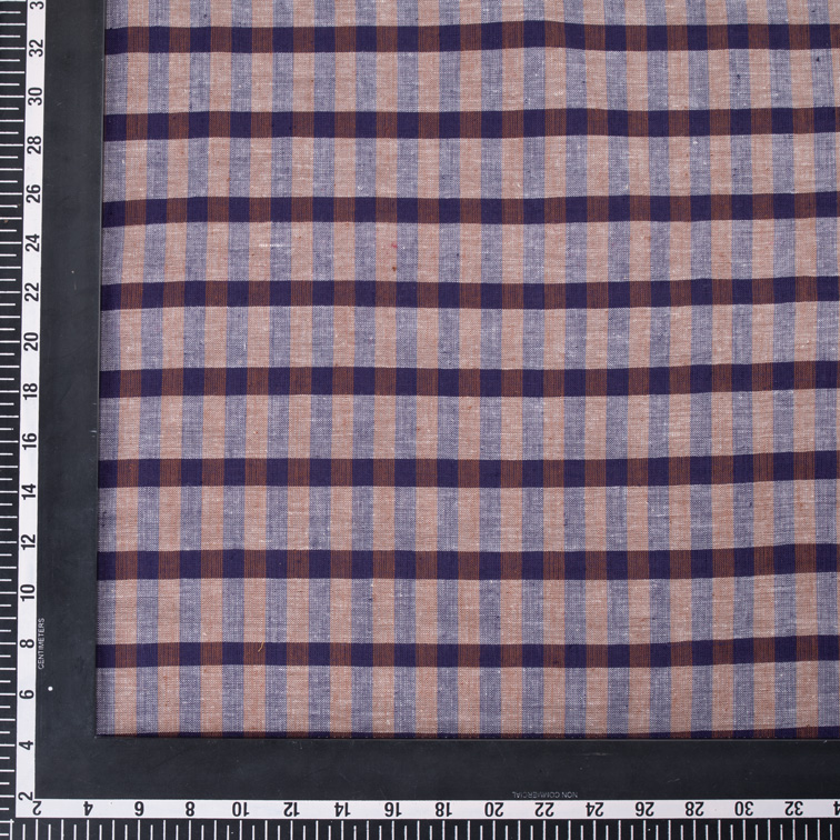 CHECK BLUE & BROWN PURE COTTON 96 GSM HANDWOVEN FABRIC